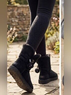 UGG Irina Star Charm Suede Shearling Ankle Boots - Pom Pom Black US 4